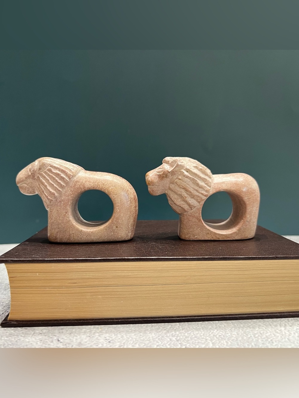 Hand Carved Soapstone Lion Napkin Ring Set 2 Africa Kenya Safari